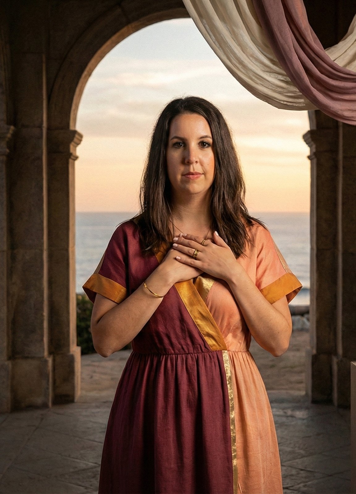 Amanda Abella standing beneath a stone archway at sunset, hands over her heart