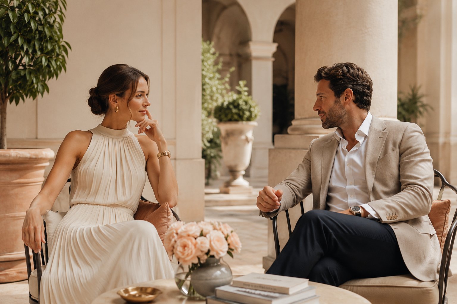 A woman and a man in calm, attentive conversation on an elegant terrace