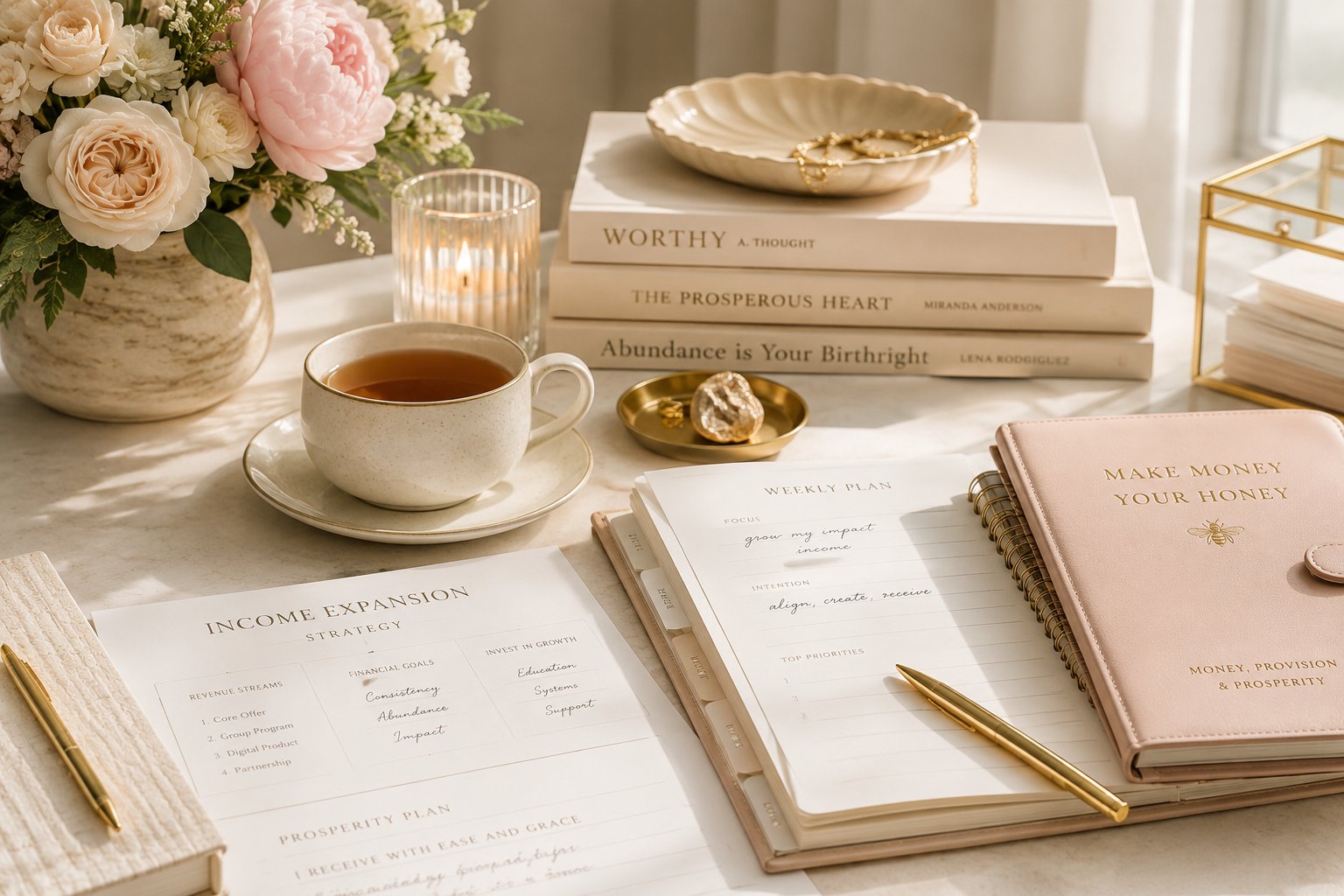 A calm planning ritual: journals, tea, flowers, and gold-detailed workbooks in soft light