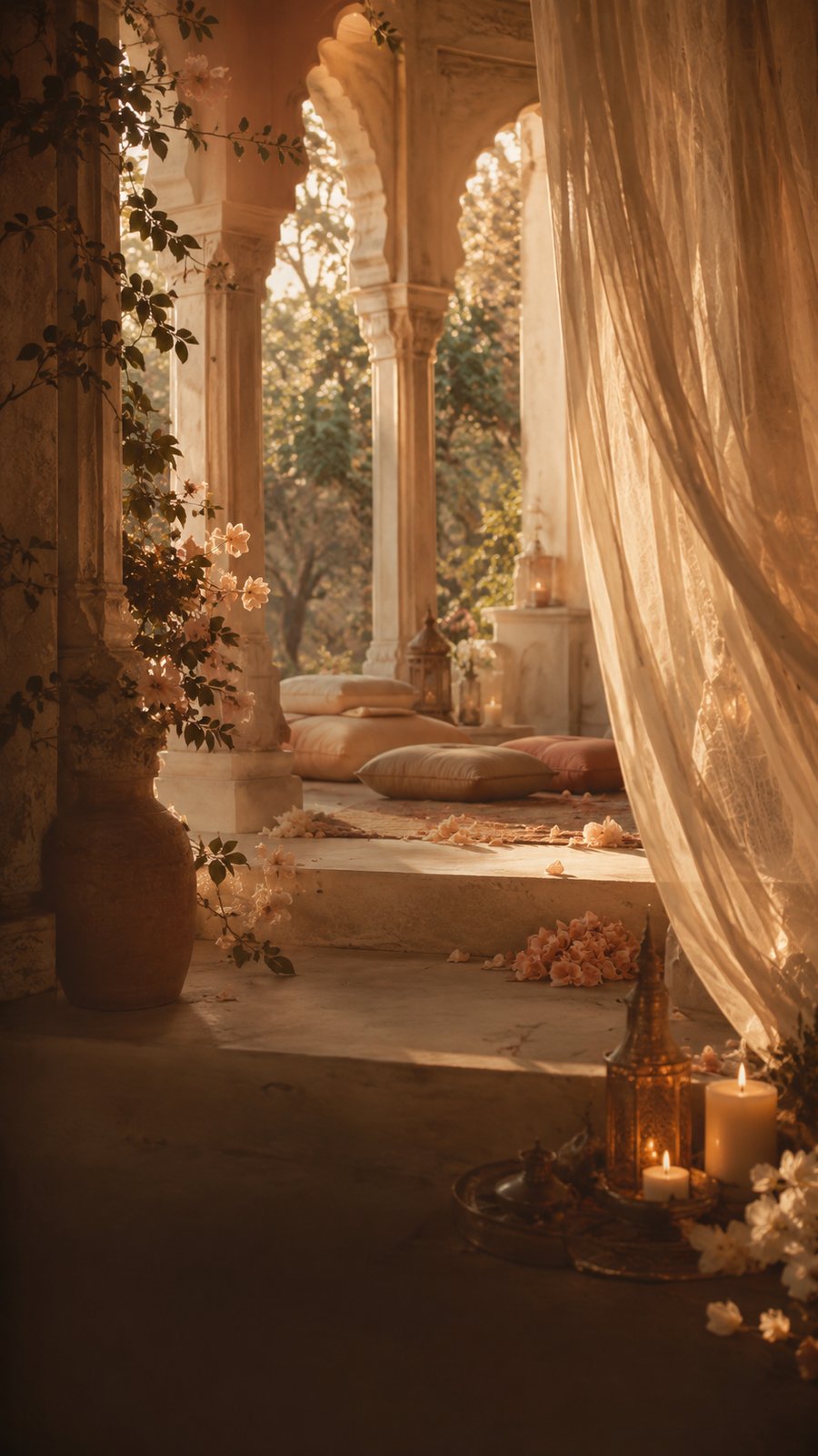 A sunlit feminine sanctuary with cushions, candles, and flowering vines