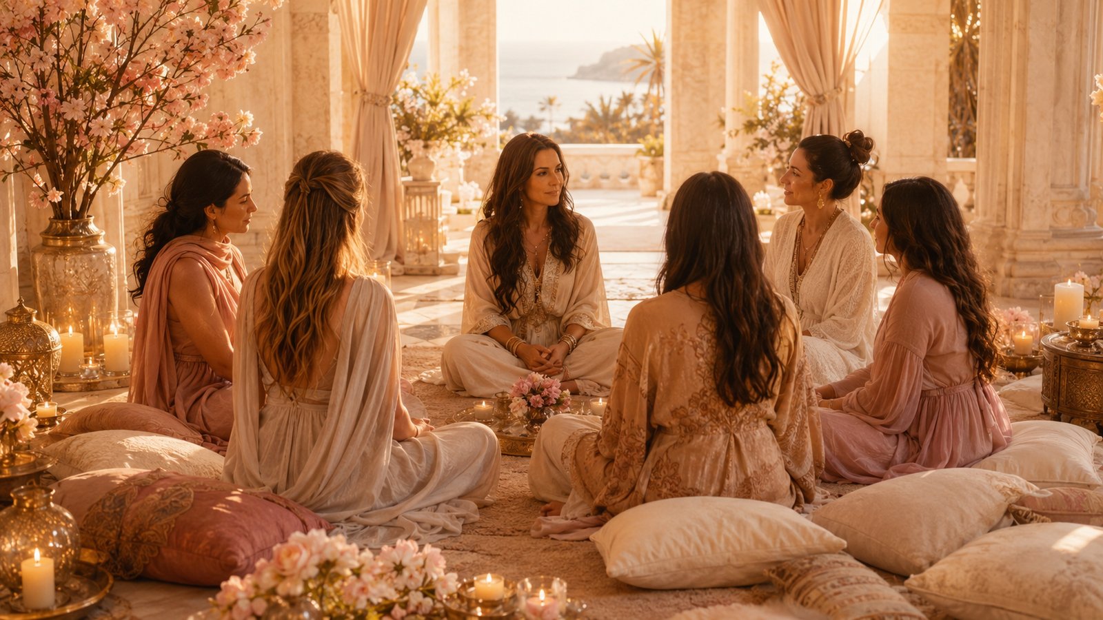 Women seated in a candlelit circle inside a marble temple at golden hour