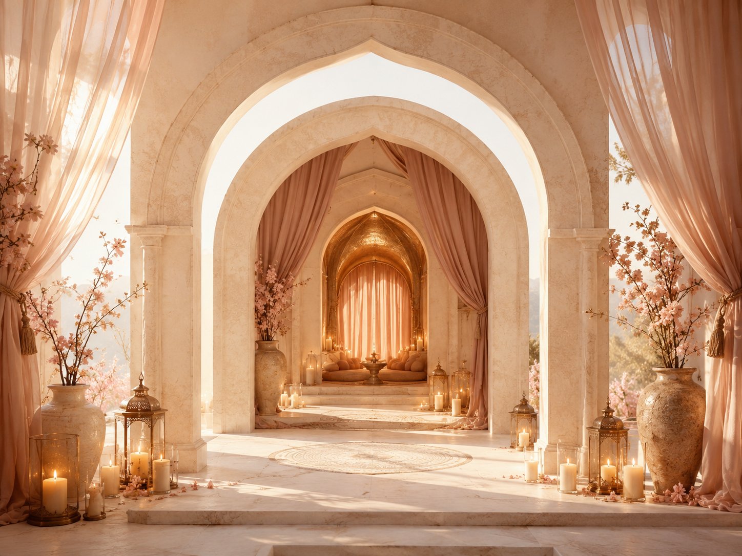 Nested marble arches receding toward a golden inner sanctum