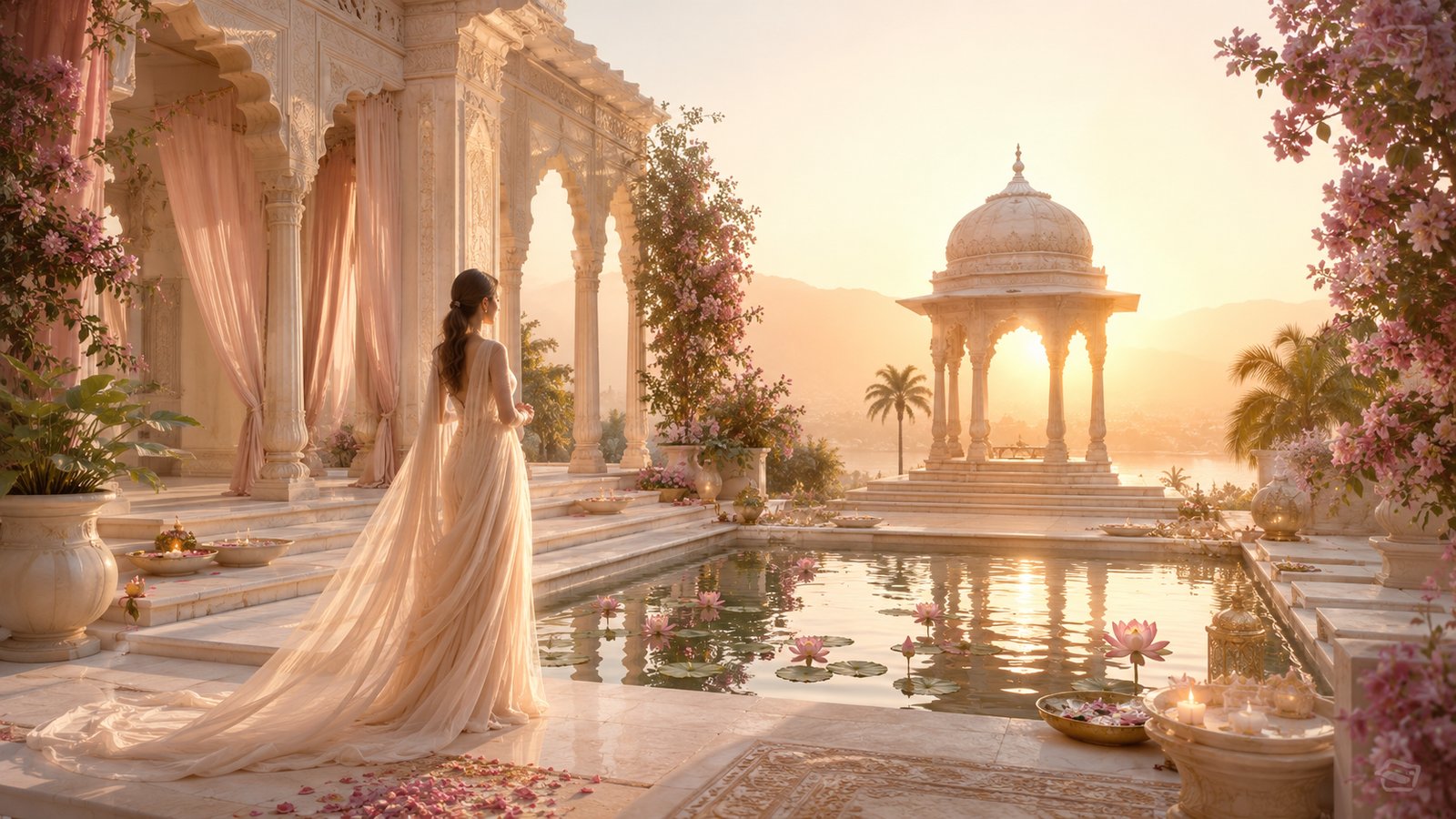 A woman resting on a stone temple terrace above thermal waters at dusk