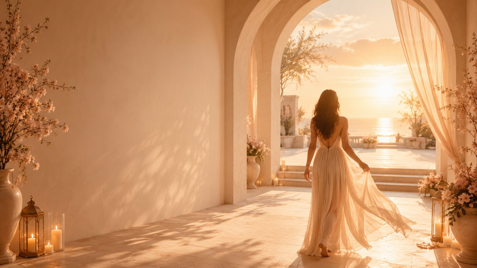 A woman walking barefoot through a sunlit marble arch toward the sea
